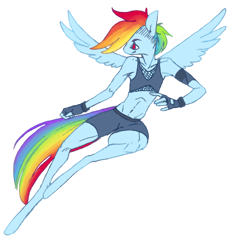 Size: 1280x1378 | Tagged: safe, artist:vautaryt, imported from derpibooru, rainbow dash, anthro, pegasus, unguligrade anthro, armband, clothes, fingerless gloves, flying, gloves, midriff, shorts, simple background, solo, transparent background