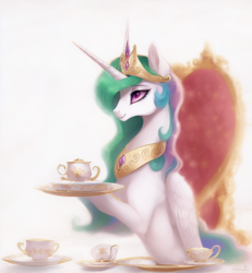 Size: 768x832 | Tagged: safe, imported from derpibooru, princess celestia, alicorn, pony, ai content, ai generated, cup, female, mare, solo, teacup