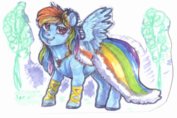 Size: 800x534 | Tagged: safe, artist:temary03, imported from derpibooru, rainbow dash, pegasus, pony, abstract background, clothes, dress, female, gala dress, mare, rainbow dash always dresses in style, simple background, smiling, solo, traditional art, white background
