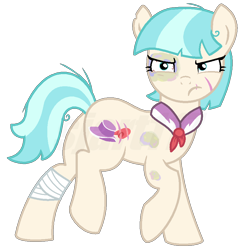 Size: 903x904 | Tagged: safe, artist:sjart117, imported from derpibooru, coco pommel, earth pony, pony, angry, bandage, black eye, bloodshot eyes, bruised, bully, butt, coco pummel, cut, female, mare, messy mane, plot, rough, scar, scared, scruffy, simple background, solo, thug, thug life, transparent background, watermark