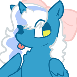 Size: 3000x3000 | Tagged: safe, artist:aurplestarss, imported from derpibooru, oc, oc only, oc:fleurbelle, alicorn, pony, :p, alicorn oc, bow, female, hair bow, horn, mare, one eye closed, simple background, solo, tongue out, transparent background, wings, wink, yellow eyes