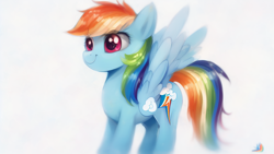 Size: 1024x576 | Tagged: safe, imported from derpibooru, rainbow dash, pegasus, pony, ai content, ai generated, cute, female, mare, simple background, solo, white background