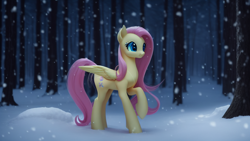 Size: 1024x576 | Tagged: safe, imported from derpibooru, fluttershy, pegasus, pony, ai content, ai generated, cute, female, forest, mare, snow, solo