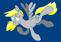 Size: 1296x886 | Tagged: safe, artist:msponies, imported from derpibooru, derpy hooves, pegasus, pony, blue background, female, flying, g4, mare, ms paint, raised hoof, requested art, simple background, smiling, solo, spread wings, tail, wings