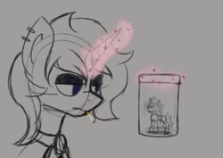 Size: 1165x825 | Tagged: safe, artist:ashel_aras, imported from derpibooru, oc, oc only, oc:ashel, oc:beatrice mills, changeling, pony, unicorn, cigarette, clothes, jar, magic, piercing, sketch