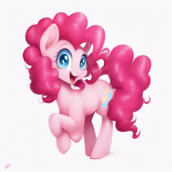 Size: 832x832 | Tagged: safe, imported from derpibooru, pinkie pie, earth pony, pony, ai content, ai generated, cute, female, mare, open mouth, open smile, simple background, smiling, solo, white background