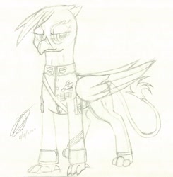 Size: 2162x2210 | Tagged: safe, artist:darthalex70, imported from derpibooru, gilda, griffon, clothes, fallout equestria:all things unequal (pathfinder), military uniform, sketch, solo, uniform