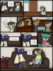 Size: 1750x2333 | Tagged: safe, artist:99999999000, imported from derpibooru, oc, oc only, oc:chen lifan, oc:li anna, pegasus, pony, comic:grow with children, comic, couch, door, female, filly, foal, glasses, mother, mother and child, mother and daughter, pegasus oc, speech bubble