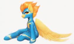 Size: 960x576 | Tagged: safe, imported from derpibooru, spitfire, pegasus, pony, ai content, ai generated, clothes, female, mare, simple background, solo, uniform, white background, wonderbolts, wonderbolts uniform