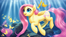 Size: 1024x576 | Tagged: safe, imported from derpibooru, fluttershy, pegasus, pony, ai content, ai generated, cute, female, mare, open mouth, solo, underwater, water, wet, wet mane