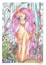 Size: 769x1080 | Tagged: safe, artist:dorry, imported from derpibooru, fluttershy, butterfly, pegasus, pony, birch tree, forest, grass, looking away, scan, solo, traditional art, tree, watercolor painting