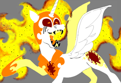 Size: 1296x886 | Tagged: safe, alternate version, artist:msponies, imported from derpibooru, daybreaker, alicorn, pony, armor, female, g4, gray background, hoof shoes, inverted colors, mare, ms paint, open mouth, open smile, princess shoes, raised hoof, sharp teeth, simple background, smiling, solo, spread wings, tail, teeth, wings