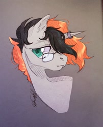 Size: 874x1080 | Tagged: safe, alternate version, artist:dorry, artist:jsunlight, imported from derpibooru, oc, oc only, pony, unicorn, bust, collaboration, colored, floating head, glasses, horn, horn ring, looking away, photo, portrait, ring, solo, traditional art
