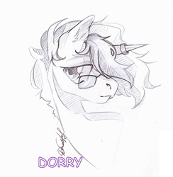 Size: 1052x1080 | Tagged: safe, artist:dorry, imported from derpibooru, oc, oc only, pony, unicorn, black and white, bust, floating head, glasses, grayscale, horn, horn ring, looking away, monochrome, pencil drawing, portrait, ring, scan, sketch, solo, traditional art