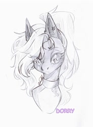 Size: 796x1080 | Tagged: safe, alternate version, artist:dorry, imported from derpibooru, oc, oc only, pony, black and white, choker, grayscale, implied pegasus, monochrome, pencil drawing, ponytail, scan, sketch, solo, traditional art