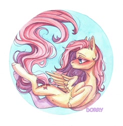 Size: 1060x1080 | Tagged: safe, artist:dorry, imported from derpibooru, fluttershy, pegasus, pony, blue background, circle background, looking away, scan, simple background, solo, traditional art, watercolor painting, white background