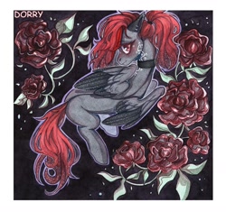 Size: 1280x1204 | Tagged: safe, artist:dorry, imported from derpibooru, oc, oc only, pegasus, pony, black background, choker, colored, flower, outline, pegasus oc, ponytail, red eyes, rose, scan, simple background, solo, tattoo, traditional art, white frame, white outline, white tattoo