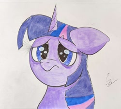 Size: 1898x1706 | Tagged: safe, artist:engi, imported from derpibooru, twilight sparkle, pony, unicorn, female, floppy ears, frown, sad, simple background, solo, traditional art, unicorn twilight, watercolor painting, wrong eye color