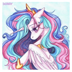 Size: 1280x1280 | Tagged: safe, artist:dorry, imported from derpibooru, princess celestia, pony, blue background, bust, crown, jewelry, looking down, portrait, regalia, scan, simple background, traditional art, watercolor painting