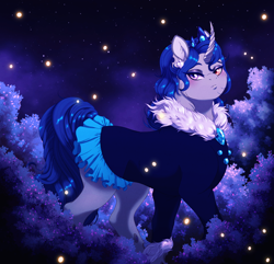 Size: 2026x1954 | Tagged: safe, artist:silverwolf866, imported from derpibooru, oc, oc only, changeling, firefly (insect), insect, pony, unicorn, clothes, commission, disguise, disguised changeling, dress, eyeshadow, floppy ears, heterochromia, horn, jewelry, looking at you, makeup, night, solo, ych result