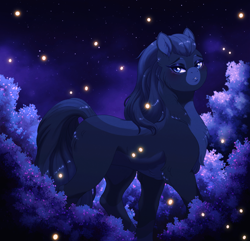 Size: 2026x1954 | Tagged: safe, artist:silverwolf866, imported from derpibooru, oc, oc only, earth pony, firefly (insect), insect, pony, coat markings, commission, earth pony oc, eyeshadow, floppy ears, looking at you, makeup, night, solo, ych result