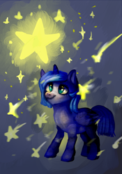 Size: 700x1000 | Tagged: safe, artist:temary03, imported from derpibooru, princess luna, female, filly, red nosed, smiling, solo, stars, tangible heavenly object, woona, younger