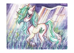 Size: 1280x905 | Tagged: safe, artist:dorry, imported from derpibooru, oc, oc only, pony, unicorn, curved horn, flower, flower field, horn, looking back, scanned, solo, traditional art, unicorn oc, watercolor painting, white frame