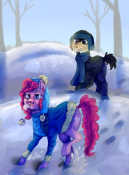 Size: 1000x1355 | Tagged: safe, artist:temary03, imported from derpibooru, pinkie pie, oc, earth pony, breath, clothes, crossover, dan, dan vs, earth pony oc, female, hat, mare, ponified, snow, stallion oc