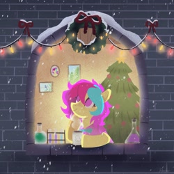 Size: 2048x2045 | Tagged: safe, artist:raindrophalo, imported from derpibooru, oc, oc only, earth pony, pony, chocolate, christmas, christmas lights, christmas tree, earth pony oc, erlenmeyer flask, female, flask, food, holiday, hot chocolate, snow, snowfall, solo, string lights, test tube, tree