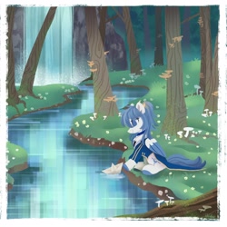 Size: 2046x2048 | Tagged: safe, artist:raindrophalo, imported from derpibooru, oc, oc only, pony, female, flower, forest, mushroom, paper boat, river, solo, stream, water, waterfall