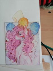 Size: 810x1080 | Tagged: safe, artist:dorry, imported from derpibooru, pinkie pie, earth pony, pony, balloon, female, photo, solo, traditional art, watercolor painting