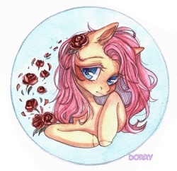Size: 1280x1241 | Tagged: safe, artist:dorry, imported from derpibooru, fluttershy, pegasus, pony, blue background, bust, circle background, female, flower, flower in hair, looking at you, mare, petals, portrait, rose, simple background, solo, traditional art, watercolor painting, white frame