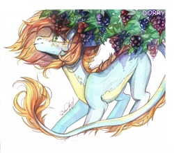 Size: 1280x1131 | Tagged: safe, artist:dorry, imported from derpibooru, oc, oc only, pony, food, freckles, grapes, leaves, leonine tail, markings, scanned, solo, tail, traditional art, watercolor painting, white frame