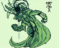 Size: 897x725 | Tagged: safe, artist:damset, imported from derpibooru, oc, oc only, oc:da-mset, anthro, changeling, black hole, cloak, clothes, drool, drool string, dumb, monochrome, ms paint, one eye, pixel art, simple background