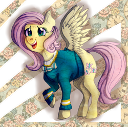 Size: 800x794 | Tagged: safe, artist:temary03, imported from derpibooru, fluttershy, pegasus, pony, abstract background, bowtie, clothes, female, mare, open mouth, ponytones outfit, simple background, smiling, solo, transparent background