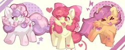 Size: 3786x1519 | Tagged: safe, artist:lumiville, imported from derpibooru, apple bloom, scootaloo, sweetie belle, earth pony, pegasus, pony, unicorn, >.<, ><, adorabloom, apple bloom's bow, bow, cute, cutealoo, cutie mark crusaders, diasweetes, eyes closed, hair bow, open mouth, trio