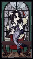 Size: 1151x2048 | Tagged: safe, artist:raindrophalo, imported from derpibooru, oc, oc only, merpony, pony, commission, female, quill, solo, stained glass window, writing