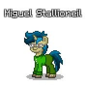 Size: 178x176 | Tagged: safe, artist:dematrix, imported from derpibooru, oc, oc only, oc:miguel stallioneil, pony, unicorn, pony town, clothes, male, pixel art, simple background, solo, stallion, transparent background