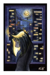 Size: 725x1080 | Tagged: safe, artist:dorry, imported from derpibooru, oc, oc only, pony, city, looking back, looking out the window, moon, moonlight, night, signature, solo, traditional art, watercolor painting, white frame, window