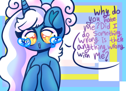 Size: 1024x742 | Tagged: safe, artist:iloveehlm, imported from derpibooru, oc, oc only, oc:fleurbelle, alicorn, pony, alicorn oc, bow, crying, female, hair bow, heart, heart eyes, horn, mare, multicoloured background, solo, speech bubble, teary eyes, wingding eyes, wings