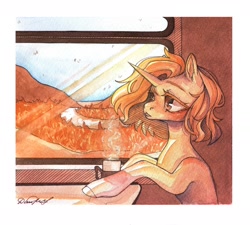 Size: 1280x1150 | Tagged: safe, artist:dorry, imported from derpibooru, oc, oc only, pony, unicorn, food, horn, looking out the window, monochrome, solo, tea, traditional art, train, unicorn oc, watercolor painting