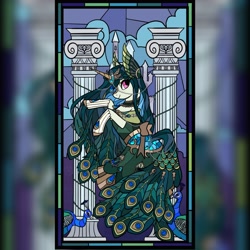 Size: 2048x2048 | Tagged: safe, artist:raindrophalo, imported from derpibooru, oc, oc only, bird, peacock, pony, unicorn, commission, female, horn, solo, stained glass window, unicorn oc