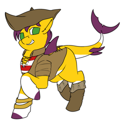 Size: 2330x2347 | Tagged: safe, artist:dirtpecker, imported from derpibooru, oc, oc only, oc:yellow jack, original species, shark, shark pony, horn, multiple horns, pirate, simple background, smug, solo, transparent background, tricorn