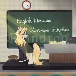 Size: 2048x2048 | Tagged: safe, artist:raindrophalo, imported from derpibooru, oc, oc only, earth pony, pony, book, chalkboard, clock, clothes, commission, crepuscular rays, earth pony oc, female, solo, teacher