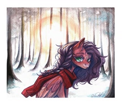 Size: 1280x1107 | Tagged: safe, artist:dorry, imported from derpibooru, oc, oc only, pegasus, pony, braid, clothes, forest, looking at you, pegasus oc, scanned, scarf, solo, sunrise, traditional art, watercolor painting, white frame, winter