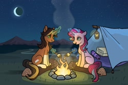 Size: 2048x1365 | Tagged: safe, artist:raindrophalo, imported from derpibooru, oc, oc only, pony, unicorn, campfire, camping, commission, duo, female, fire, glowing, glowing horn, horn, lantern, magic, marshmallows, moon, stars, telekinesis, tent, unicorn oc