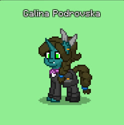 Size: 554x558 | Tagged: safe, imported from derpibooru, oc, oc only, oc:galina podrovska, pony, unicorn, pony town, bag, braid, braided tail, clothes, fangs, saddle bag, skirt, tail