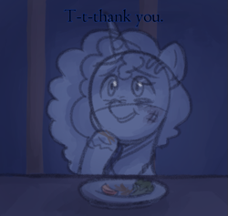 Size: 667x632 | Tagged: safe, anonymous artist, imported from derpibooru, pony, unicorn, series:misty pov, apple slice, broccoli, bruised, female, food, g5, hay, implied opaline arcana, mare, misty brightdawn, plate, scratches, solo, sparse, thank you