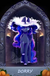 Size: 718x1080 | Tagged: safe, artist:alrumoon_art, artist:dorry, imported from derpibooru, princess luna, alicorn, pony, clothes, cloud, collaboration, collaboration:nightmare night event (2022), cosplay, costume, female, looking at you, pumpkin, solo