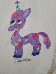 Size: 4032x3024 | Tagged: safe, artist:mintwhistle, derpibooru exclusive, imported from derpibooru, part of a set, oc, oc only, oc:camaraderie, earth pony, pony, colored pencil drawing, earth pony oc, g5, g5 oc, hat, looking up, male, party hat, sketchbook, smiling, solo, stallion, traditional art, unshorn fetlocks